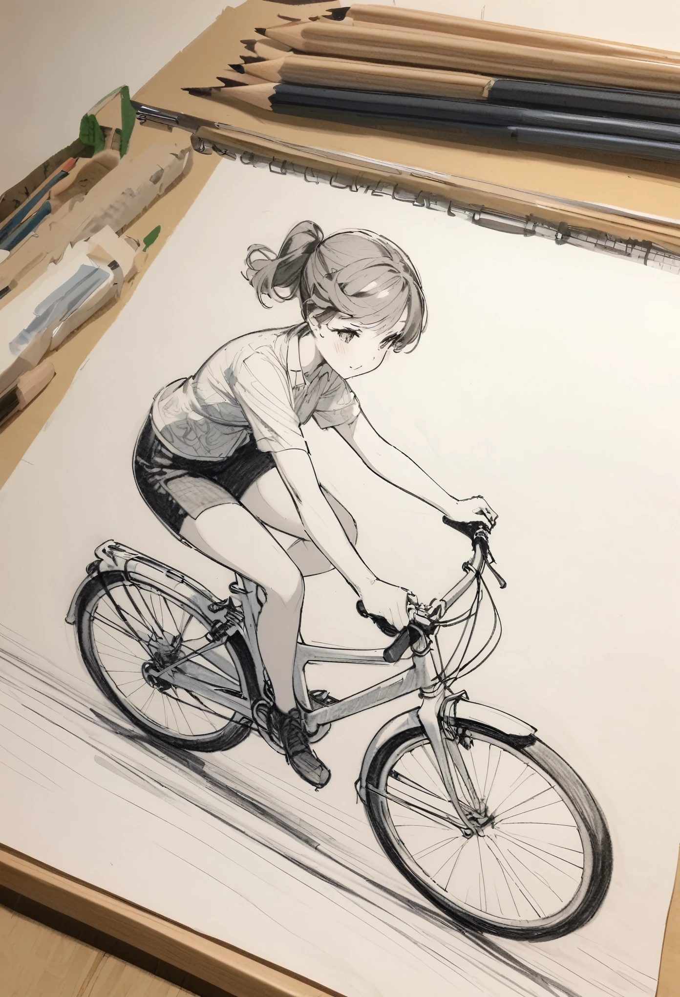 1 ,Line drawing,monochrome,(sketch:1.5、pattern、pencil drawing:1.5、board:1.5),board,traditional media,Riding a Bicycle