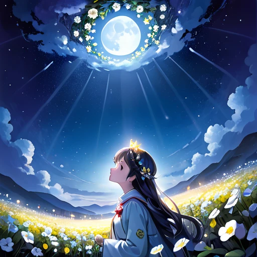 ((best quality)), ((masterpiece)), (detailed), 1girl, In the moonlight、A girl wearing a crown of evening primroses on her head、Looking up at the night sky。A group of evening primroses surround the girl.、A fantastic space spreads out。An illustration、pastel colour、Dreamy atmosphere