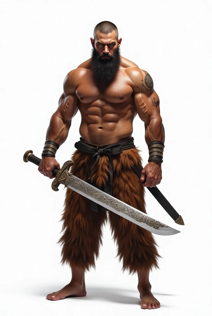 The background is pure white、A man with a crew cut, a beard, and a bear-like appearance is holding a sword, wearing only tiger-patterned pants.