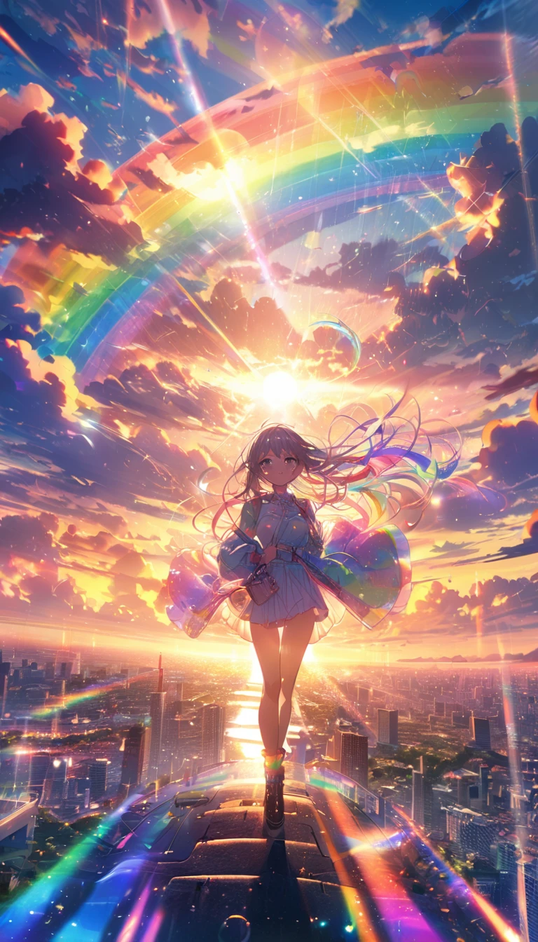 Angelic, detailed woman, sunrise, rainbow, after the rain, horizon, in the sky, city , lens flare, colorful, high-res, 8K