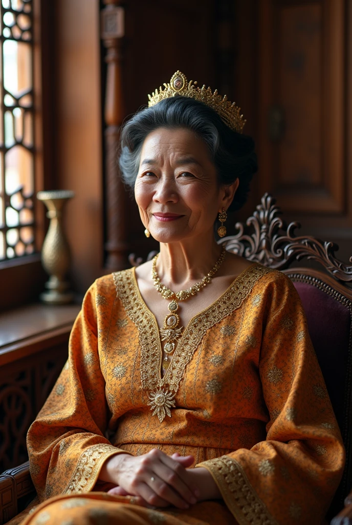 Create an image of a queen dressed in traditional Indonesian attire, seated gracefully in an ornately carved wooden room with soft natural light streaming in through the windows. The queen should have the face of a mature, 50-year-old Indonesian woman, with a warm and kind expression, similar to the second reference image provided. Her face should reflect the elegance and wisdom of her age, with features such as a fuller face and softer lines. Keep the rest of the setting, her clothing, and her posture as close as possible to the original image. The overall atmosphere should remain regal and serene, with intricate details on her dress and the room's decor. The image should be photorealistic, capturing the textures of the fabric, the smoothness of her skin, and the woodwork's richness, in 8K resolution."