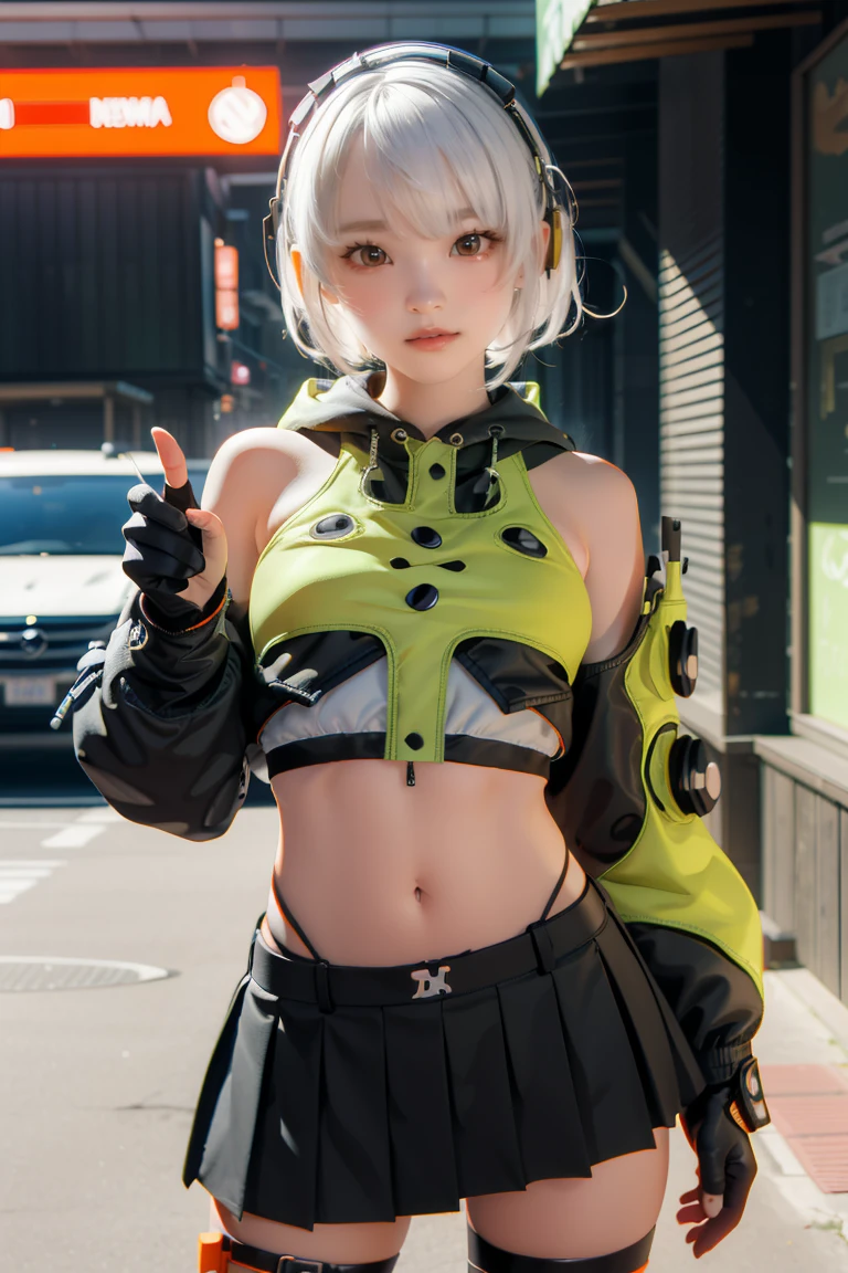 Anubidemara, Anbi Demara, (orange eyes:1.5), short hair, white hair,
Take a break bare shoulders, black glove, black skirt, black thigh high, fingerless glove, glove, green jacket, earphones, jacket, navel, skirt, abdomen, thigh high,
Take a break outdoors, city, abdomenฟ้า, cloud, sun, building, crowd, population, alley,
Take a break looking at viewer, (cowboy shoot:1.5),
Take a break (Masterpiece:1.2), best quality, high resolution, Harmony wallpaper 8K, (illustration:0.8), (Beautifully detailed eyes:1.6), Very detailed face, perfect lighting, The CG is very detailed., (perfect hand, perfect anatomy),