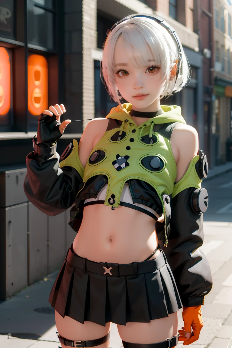 Anubidemara, Anbi Demara, (orange eyes:1.5), short hair, white hair,
Take a break bare shoulders, black glove, black skirt, black thigh high, fingerless glove, glove, green jacket, earphones, jacket, navel, skirt, abdomen, thigh high,
Take a break outdoors, city, abdomenฟ้า, cloud, sun, building, crowd, population, alley,
Take a break looking at viewer, (cowboy shoot:1.5),
Take a break (Masterpiece:1.2), best quality, high resolution, Harmony wallpaper 8K, (illustration:0.8), (Beautifully detailed eyes:1.6), Very detailed face, perfect lighting, The CG is very detailed., (perfect hand, perfect anatomy),