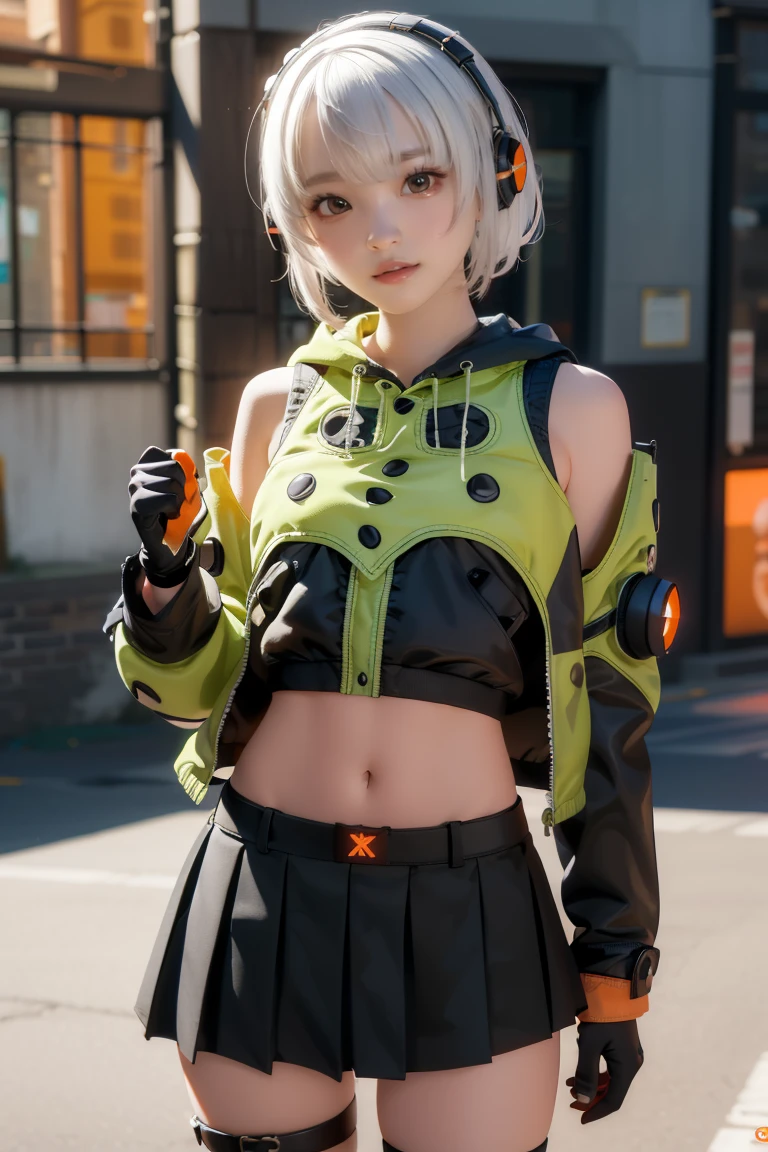 Anubidemara, Anbi Demara, (orange eyes:1.5), short hair, white hair,
Take a break bare shoulders, black glove, black skirt, black thigh high, fingerless glove, glove, green jacket, earphones, jacket, navel, skirt, abdomen, thigh high,
Take a break outdoors, city, abdomenฟ้า, cloud, sun, building, crowd, population, alley,
Take a break looking at viewer, (cowboy shoot:1.5),
Take a break (Masterpiece:1.2), best quality, high resolution, Harmony wallpaper 8K, (illustration:0.8), (Beautifully detailed eyes:1.6), Very detailed face, perfect lighting, The CG is very detailed., (perfect hand, perfect anatomy),