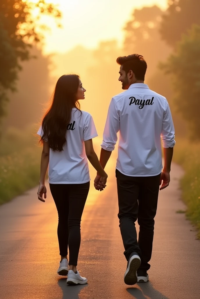 A girl with a boy. Together walking on a road with morning background.they are wearing a white shirt and black paint.write a name on her shirt payal.and write his shirt Nitesh. looking they are a couple .and her hair is strength.