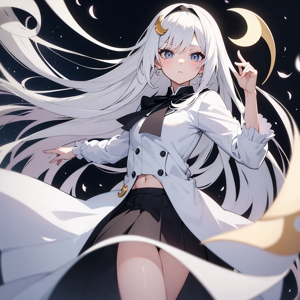 Anime girl with white, medium-length hair; long and white eyelashes; Bring an outfit with a white shirt and a black skirt and have a gray crescent moon accessory in their hair on the left side.