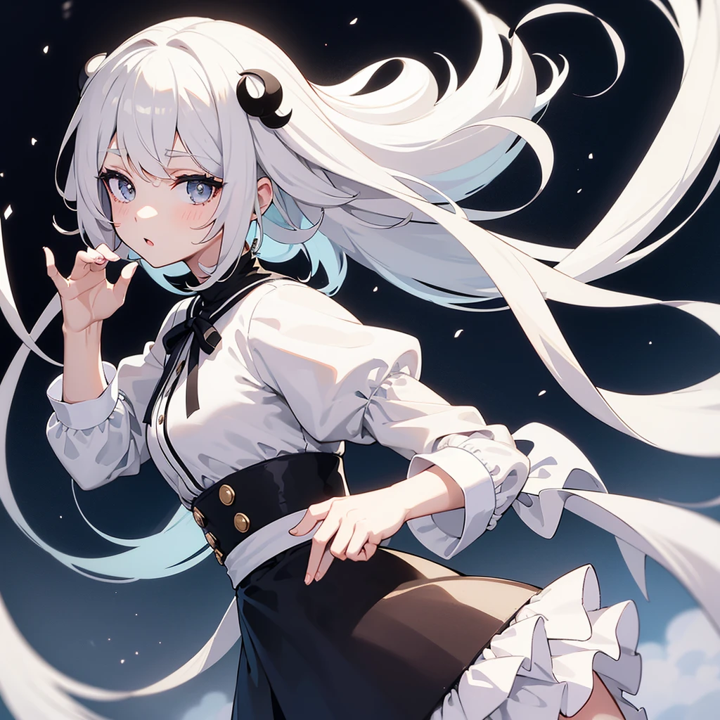 Anime girl with white, medium-length hair; long and white eyelashes; Bring an outfit with a white shirt and a black skirt and have a gray crescent moon accessory in their hair on the left side.