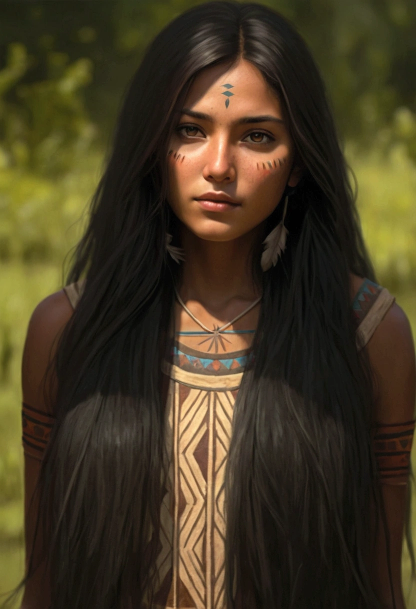 Woman masterpiece, best quality, ultra-detailed, best shadow),(western style:0.5), (realistic:1.2), analog style, (fibonacci), (detailed background, native american, tupi, tents, tribe, Amazon, looking at,whole body