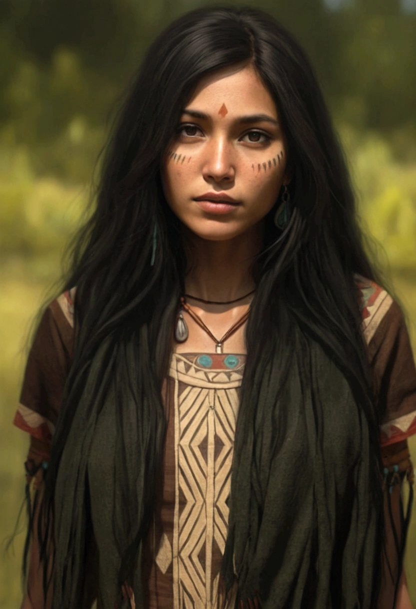 Woman  masterpiece, best quality, ultra-detailed, best shadow),(western style:0.5), (realistic:1.2), analog style, (fibonacci), (detailed background, native american, tupi, tents, tribe, Amazon, looking at，whole body