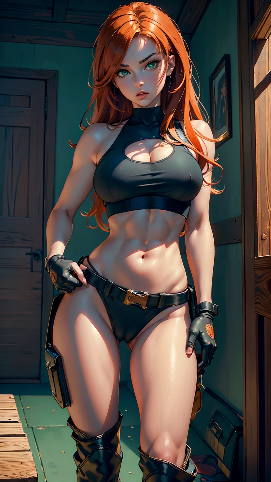 Masterpiece, raw, beautiful art, professional artist, 8k, very detailed face, very detailed hair, 1girl, Kim Possible, wearing (Orange-red hair, green eyes, confident expression, black crop top, black gloves, brown belt, green cargo pants:1.1), cameltoe, posing in her bedroom, perfectly drawn body, beautiful face, long hair, very detailed eyes, rosey cheeks, intricate details in eyes, puckered lips, perfect fit body, beautiful body, extremely detailed, intricate details, highly detailed, sharp focus, detailed skin, realistic skin texture, texture, detailed eyes, high resolution, kodak vision color, foto_\(ultra\), post-processing, maximum detail, roughness, real life, ultra realistic, photorealism, photography, absurdres, RAW photo, highest quality, high detail RAW color photo, professional photo, extremely detailed UHD 8k wallpaper unit, best quality, highres, (masterpiece, top quality, high resolution:1.4), photo, cinematic, film grain, sharp, soft natural light, magic photography, super detailed