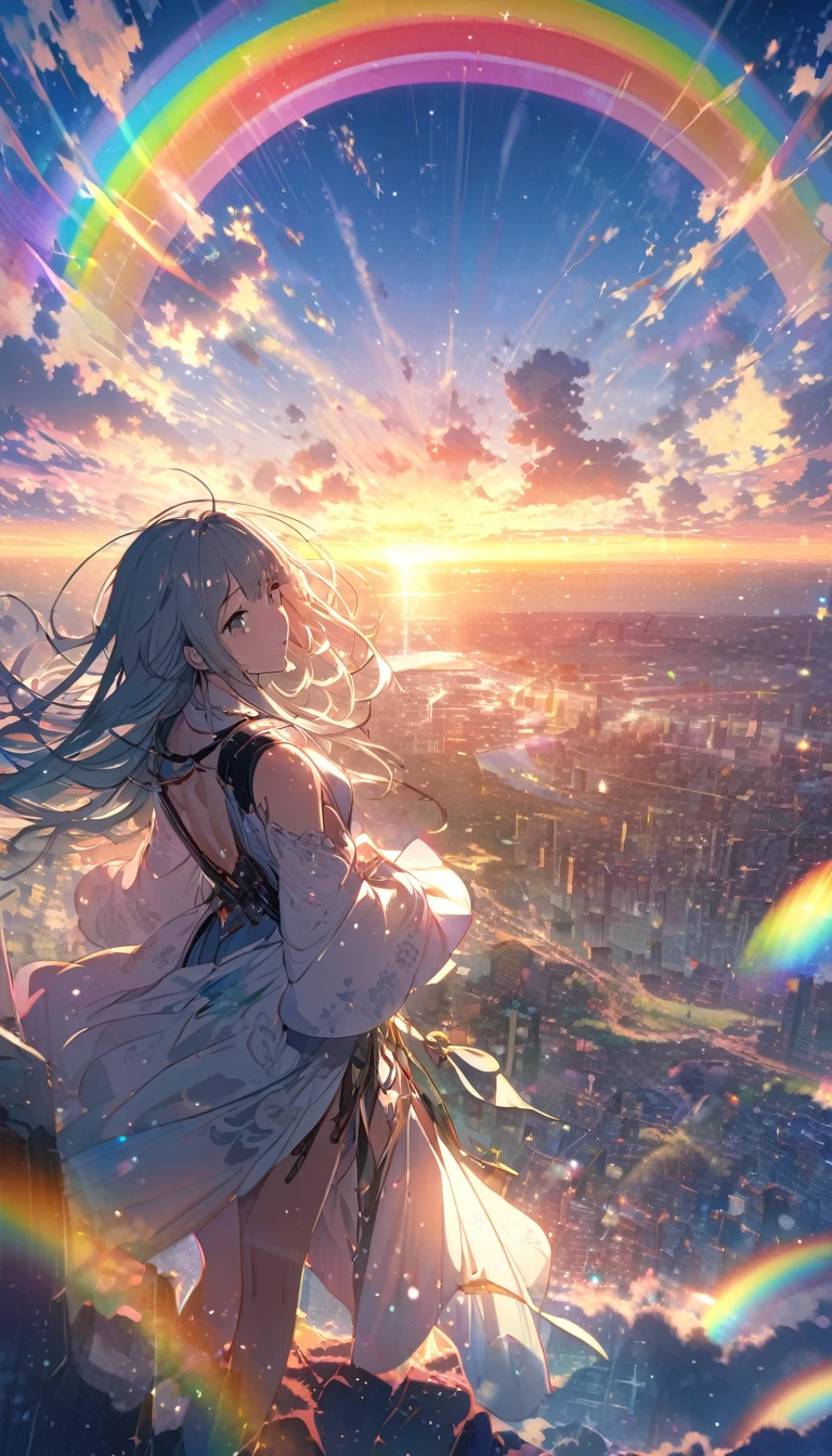 Create exquisite illustrations reminiscent of Makoto Shinkai's style, It has ultra-fine details and top-notch quality. Angelic, detailed woman, sunrise, rainbow, after the rain, horizon, in the sky, city , lens flare, colorful, high-res, 8K