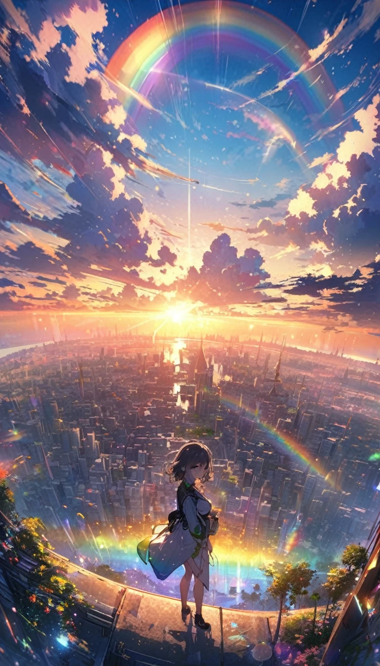 Create exquisite illustrations reminiscent of Makoto Shinkai's style, It has ultra-fine details and top-notch quality. Angelic, detailed woman, sunrise, rainbow, after the rain, horizon, in the sky, city , lens flare, colorful, high-res, 8K