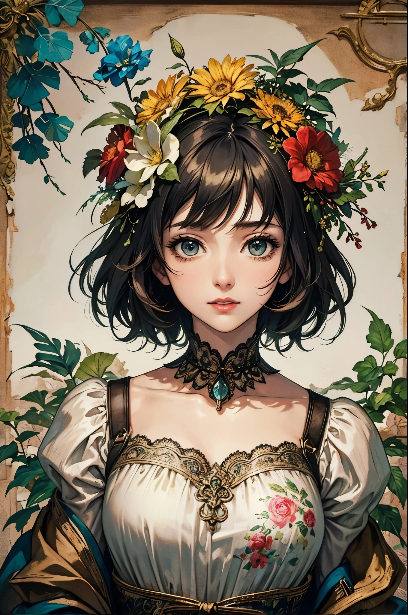 Super detailed  ink painting of gorgeous girl, Made onp of a mixed-media masterpiece patchwork of stress-free vintage script paper, Ephemera, Torn cardboard, Vintage newspaper, Vintage sheet music, Wax Seal, Dress made of pa ruffles and life-size dainty lace, in the style of [Junk Journal, double exposure, Equal to the size of the body], Cinematic, Stunning, Highly detailed, 8K, dehazed