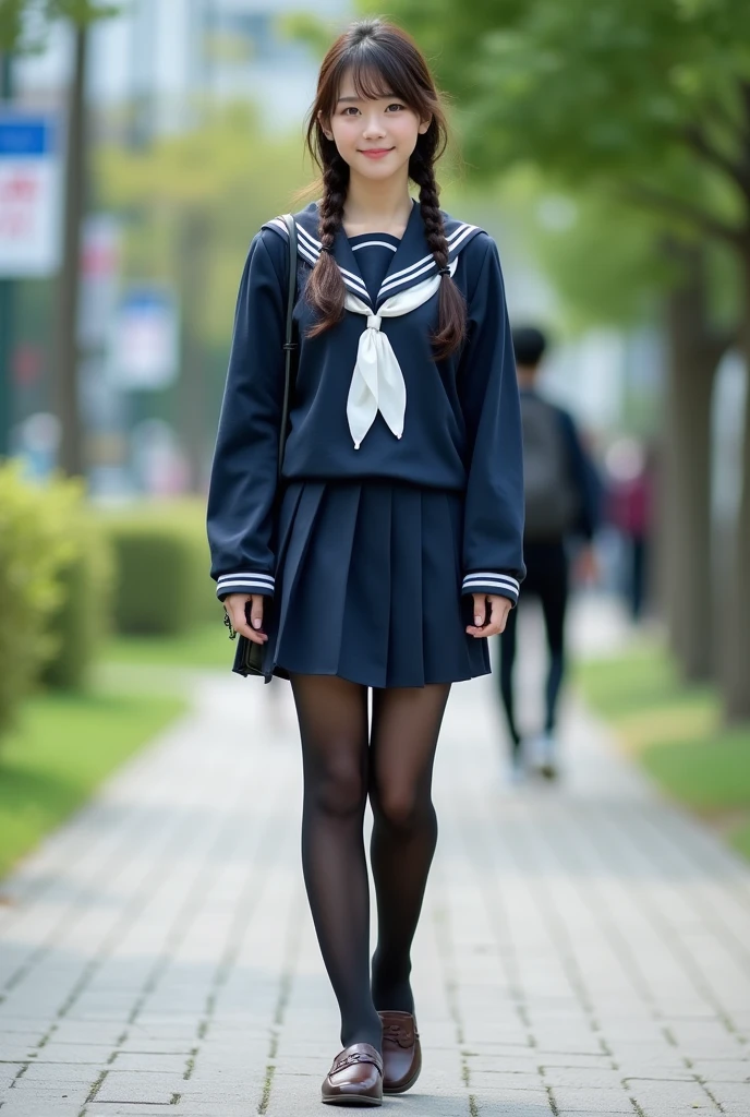 ((masterpiece, top quality, 8k, RAW photo, realistic, ultra highly detailed)), 1 girl, (japanese face:1.4), 18 years old, big smile:1.4, perfect cute face:1.4, symmetrical face, perfect body:1.4, dark brown hair, twin braids hair:1.4, natural makeup, double eyelid, (full body shot, polite standing:1.3, beautiful legs:1.4), ((dark blue sailor suit, long sleeve, dark blue pleats mini skirt, pantyhose, dark brown loafers, have a black bag)), (in campus:1.5)