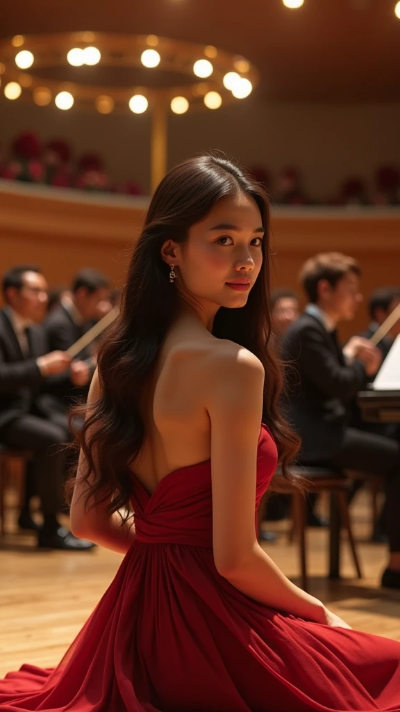 a beautiful young thai student sitting on the stage of a concert, detailed face, long hair, elegant dress, concert hall background, warm lighting, photorealistic, 8k, high quality, masterpiece
