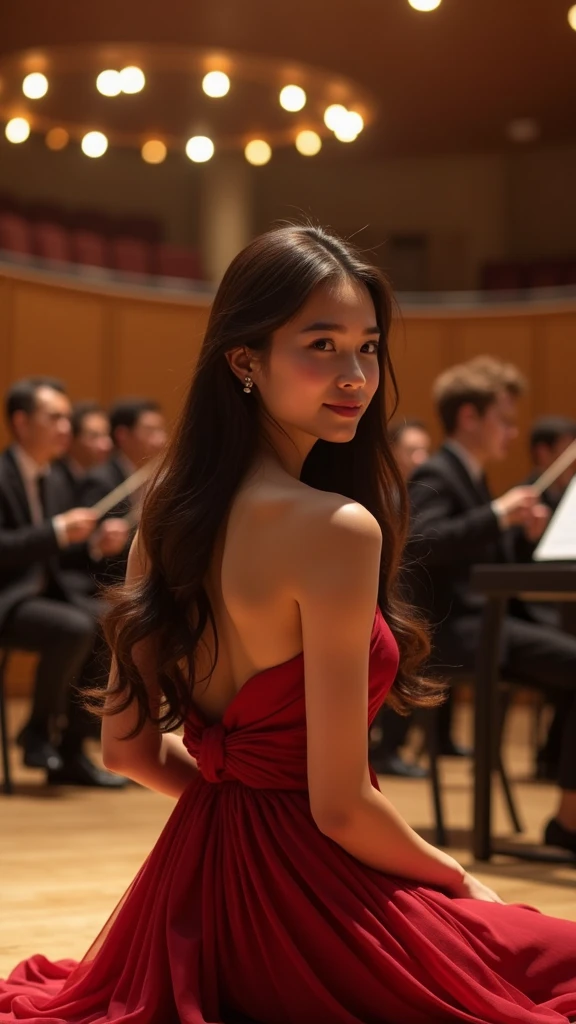 a beautiful young thai student sitting on the stage of a concert, detailed face, long hair, elegant dress, concert hall background, warm lighting, photorealistic, 8k, high quality, masterpiece
