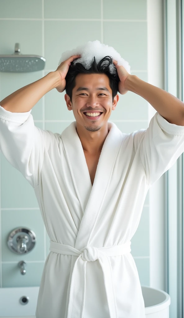 Create a handsome Asian man，Beautiful big eyes，Wearing a white satin bathrobe，Scratching the scalp with both hands，Two hands washing hair on top of head，头上有很多Realistic foam，Foam wrap head，Realistic foam，The expression is happy，front，The characters are realistic and realistic，Pure white bathroom background，Character front position，9:16 frames，Ultra-high-definition picture quality
