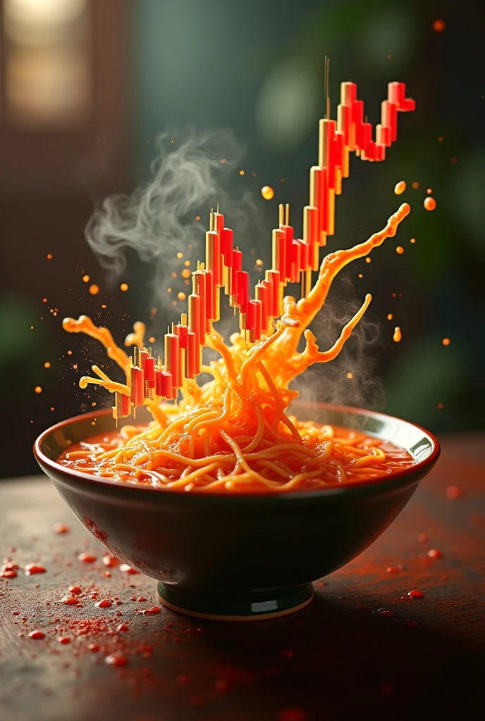 Can you create the modern 3d forex chart trading with three line of 3D moving average line indicators. chart against red and green candlesticks, Chart and moving average line ejaculate break out from inside very spicy soup noddle bowl and fly up soar above bowl. Graph and moving average make soup splashing from blow. Focus on 3D forex chart and 3Dmoving average line.