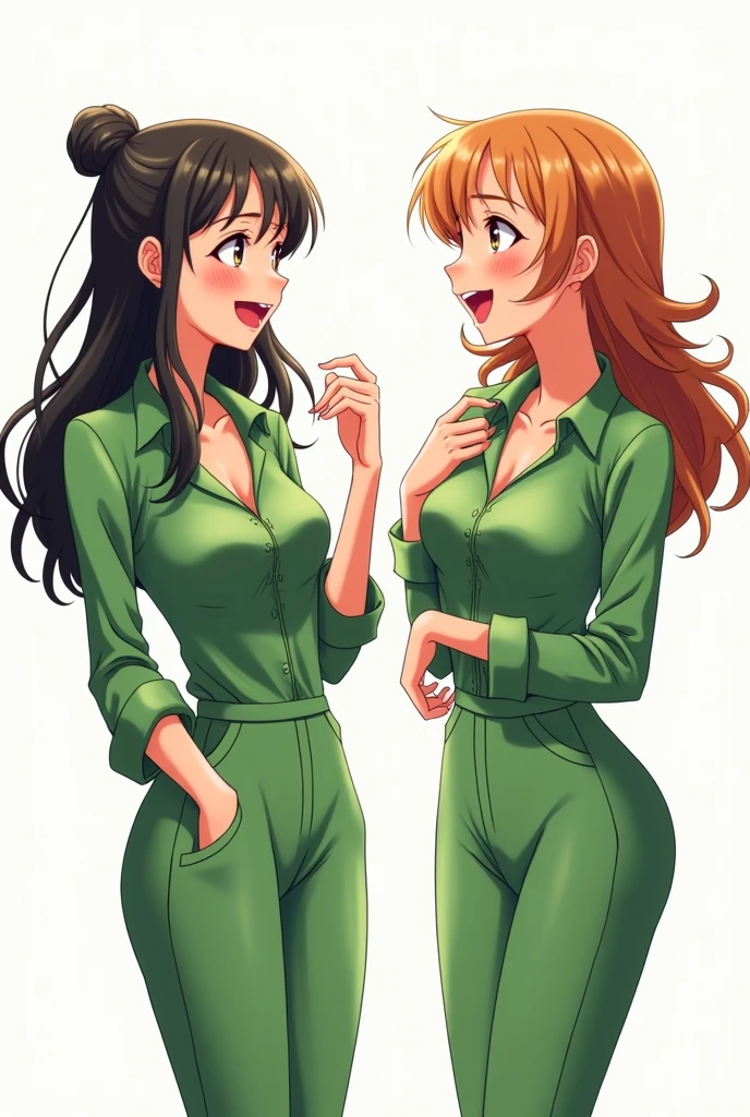 Two women in green long-sleeved casual cool jumpsuits, talking happily.
Anime style please.
White background.