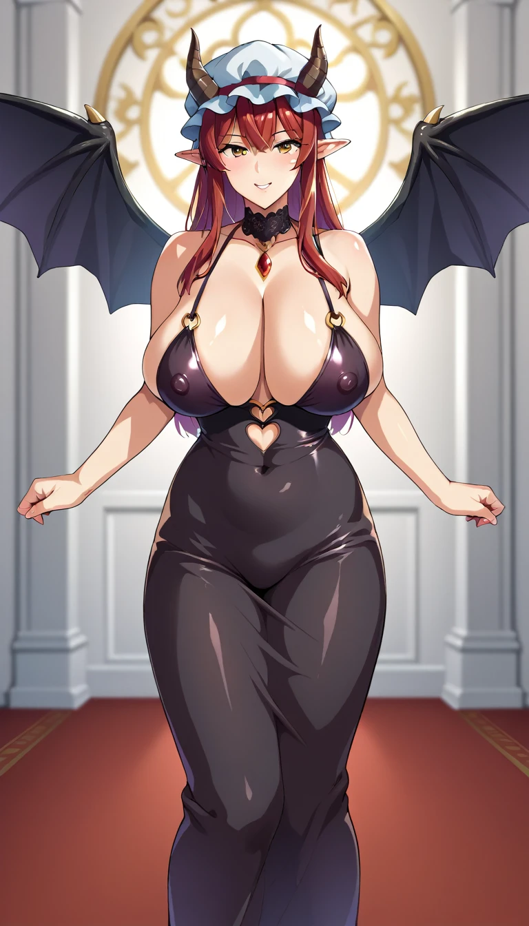 (masterpiece, best quality, ultra-detailed, high resolution, detailed eyes), takeda hiromitsu style, 2womans, (40 years old), solo, large breast, standing, voluptuous body,wears black dress,horns,black wings,white mob cap,elf ears,bedroom,