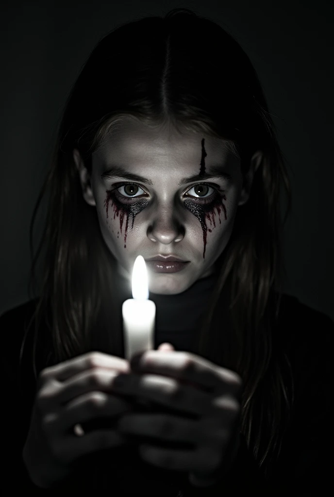 girl's soul , black color, holding candle, face and hands, front view, terrifying, large cuts and bruses on face, bleeding eyes