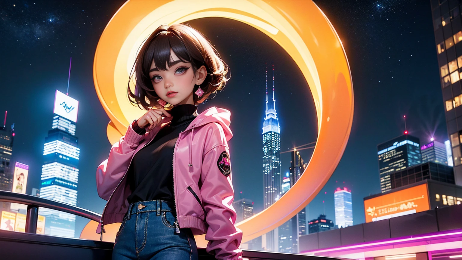 8k,beautiful,best quality,8k,beautiful,best quality, finely detailed,high quality,insanely detailed,masterpiece,ultra detailed,ultra highres,ultra quality, Half-smile,Large eyes,Large eyes,Purple eyes,Small nose,Natural makeup,Pink lipstick,Pink eyeshadow,Fishtail,Brown hair,Short Hair,Skyscraper,Vibrant cityscape with skyscrapers brightly lit at night,Dark city at night. Convey the eerie beauty of a dimly lit metropolis under the starry night sky.,Denim Jacket,Denim Skirt,Cross Earrings,Sneakers,Slender,Top Light,Shimmering Nightscapes,Aurora Glow,