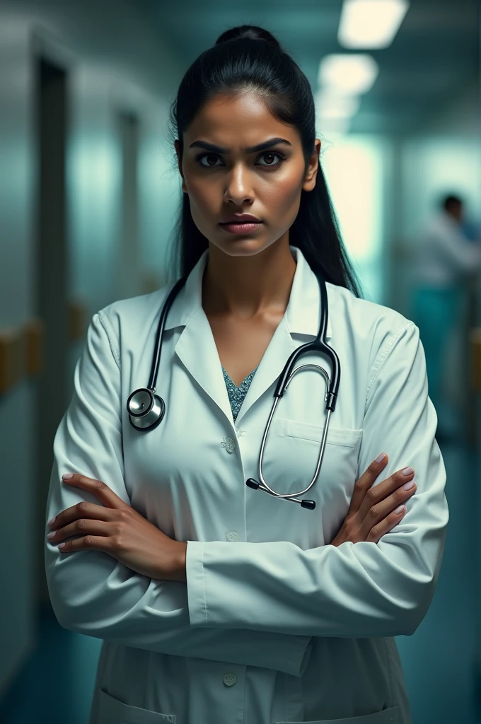 A lady doctor indian beaten nrity and shouting face  front pose
