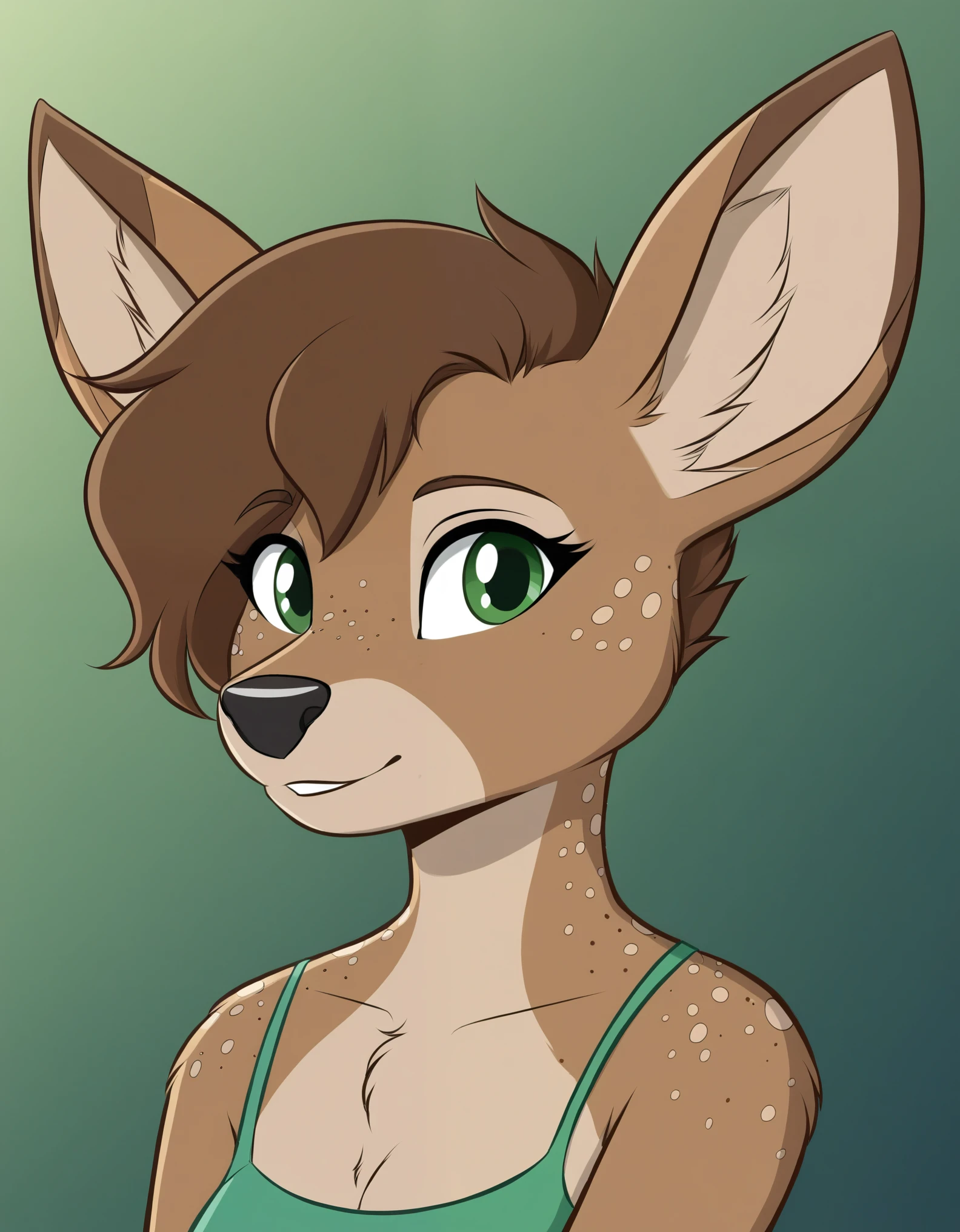 lotte, deer girl, furry female, body fur, animal nose, snout, animal ears, green eyes, brown hair, short hair, freckles,,