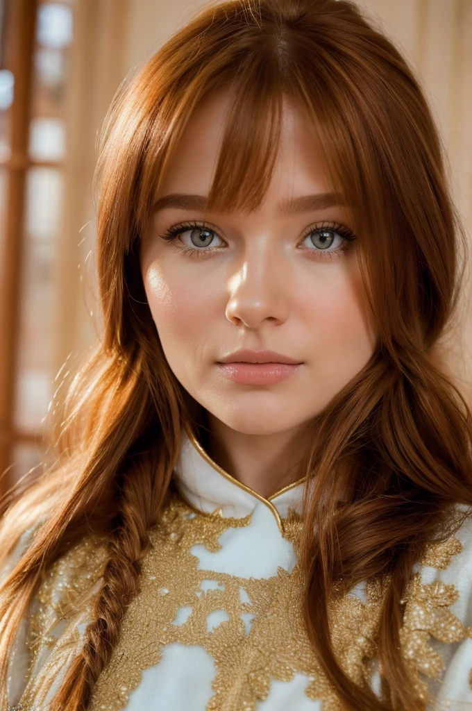 Ginger-haired Russian woman in traditional winter attire, capturing the essence of multiple adjectives such as kind-hearted, warm-hearted, sweet, polite, sensitive, friendly, charming, graceful, stylish, classy, alluring, majestic, ethereal, angelical, long hair framing the face, intricate embroidery on costume, soft glow accentuating gentle facial features, shot in the golden hour light.