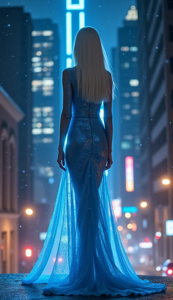 a beautiful Caucasian Korean giant-extra-super-fantastic-gigantic breasted pretty young female with Elsa from Frozen style standing alone on the rooftop building room, in the dark night, detailed elegant face with detailed flawless make-up, straight white hair Elsa style, wearing blue chrome holographic glossy luxury dress Elsa style, wearing 40cm high heels, long legs, tall body posture, walks movement in a middle empty street alley of city, beautiful and graceful and dazzling with flawless bold makeup, backlite, bokeh, snow, perfect anatomy, hyper realistic, HD 26K
