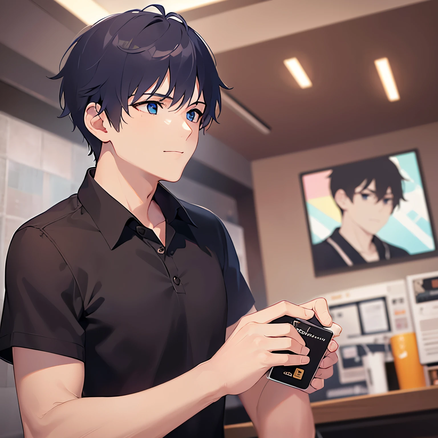 looking up, side angle, (looking away:1.5), upper body、shiny skin, masterpiece、Highest quality、(25-year-old male:1.5) and (Black short hair) and (blue eyes), BREAK (black polo shirt) BREAK 立っている、smile、The background is a restaurant at night、(Alone:1.5)