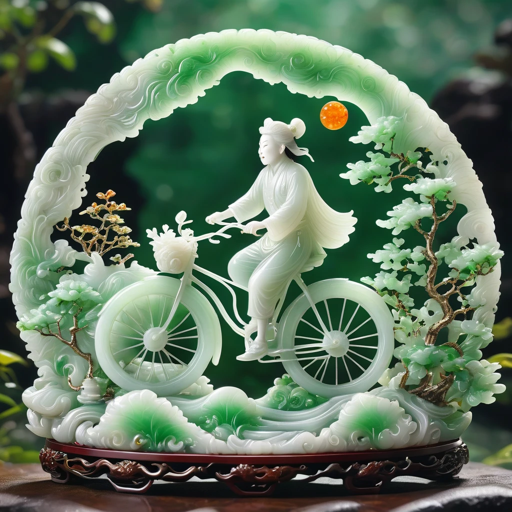 best quality, very good, 16K, ridiculous, Very detailed, Riding a Bicycle,Made of translucent white jadeite, Background mountain top((A masterpiece full of fantasy elements))), ((best quality)), ((Intricate details))(8K)
