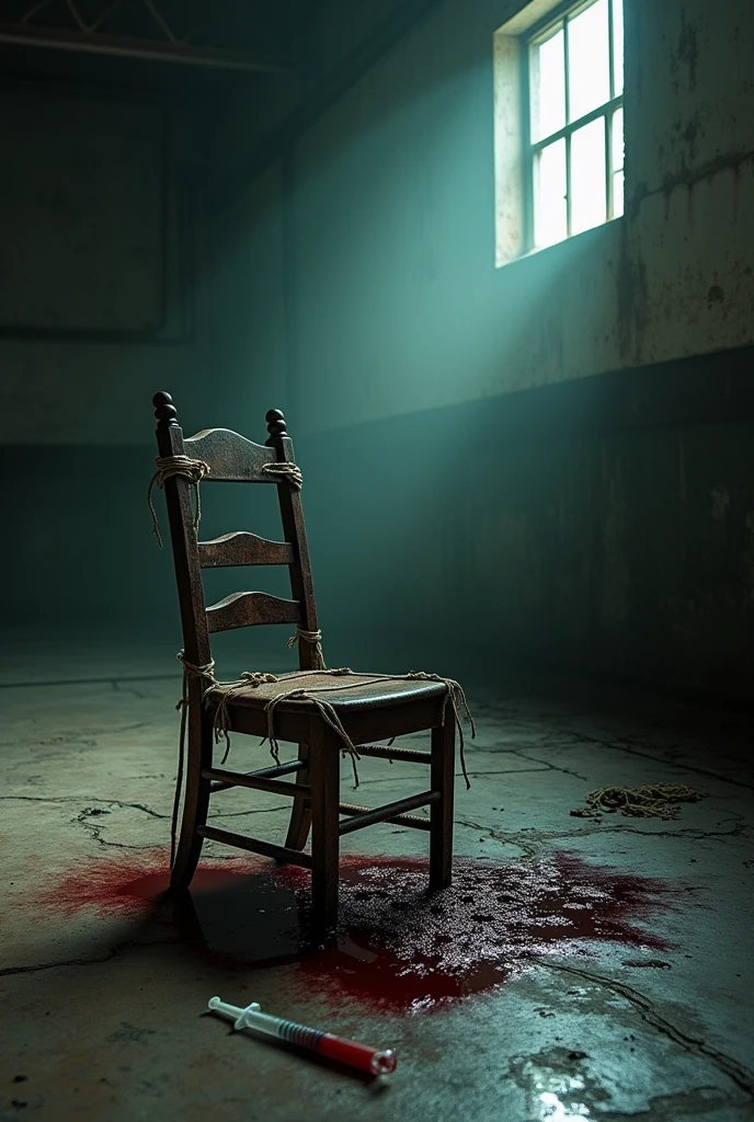Dark dump wet old rusty empty factory with chair tied up with ropes and blood on the floor along with a syringe ( mystery) (thrilling)