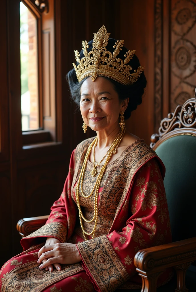 Create an image of a queen dressed in traditional Indonesian attire, seated gracefully in an ornately carved wooden room with soft natural light streaming in through the windows. The queen should have the face of a mature, 40-year-old Indonesian woman, with a warm and kind expression, similar to the second reference image provided. Her face should reflect the elegance and wisdom of her age, with features such as a fuller face and softer lines. Keep the rest of the setting, her clothing, and her posture as close as possible to the original image. The overall atmosphere should remain regal and serene, with intricate details on her dress and the room's decor. The image should be photorealistic, capturing the textures of the fabric, the smoothness of her skin, and the woodwork's richness, in 8K resolution."