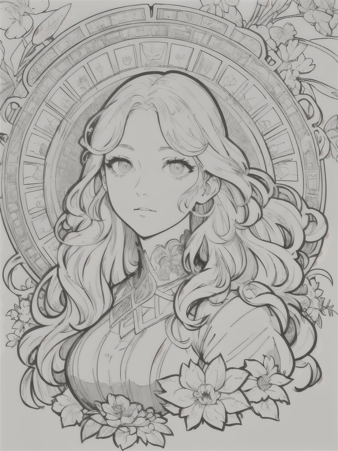 European woman face portrait、Long Curly Hair、blonde、Floral frame、Decorative panel、Abstract Art of Alphonse Mucha、sketch、Character Line、Scenes without color or shadows。 (masterpiece、Highest quality、High resolution:1.4)、detailed、複雑なdetailed、4K、Splashes of color、Line art、Fibonacci、