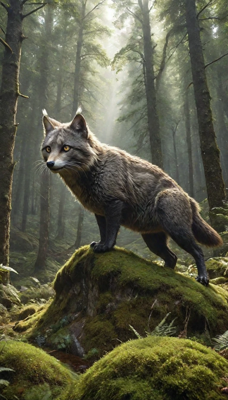 Panorama，In the mountains and forests，A creature with two pairs of eyes(best quality，4K，8k，High level，masterpiece：1.2），Ultra Detailed，（lifelike，Photo real，Photo real：1.37），Highly detailed animals，Complex patterns，Realistic lighting