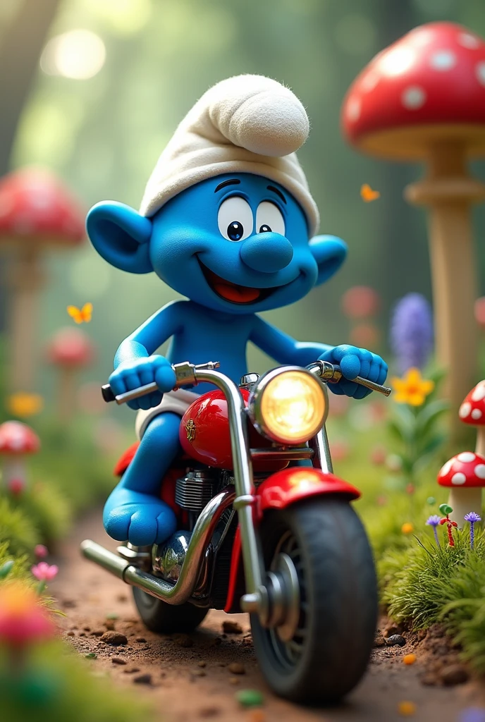 A Smurf, sitting on a motorcycle