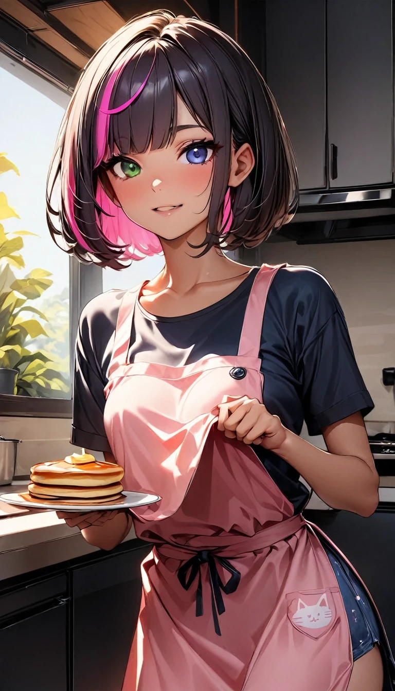 (highest quality:1.2, Very detailed, up to date, Vibrant, Ultra-high resolution, High Contrast, masterpiece:1.2, highest quality, Best aesthetics), Portraiture、girl、20-years-old, slim, , heterrochromia, green eye, red eye, stage、Bright colors、Beautiful fine details、Beautiful lip detail、extra short hair, ((bob cut:1.5))、pink and purple ((streaked hair:1.9)), (highlights hair: 1.6), ((small breast:1.3), (tan skin:0.7), cooking、((making pancakes:1.5)), (bright kitchen:1.5), big window background, (pink apron, cat design print)、tank top, happy:1, ((cowboy shot:1))

