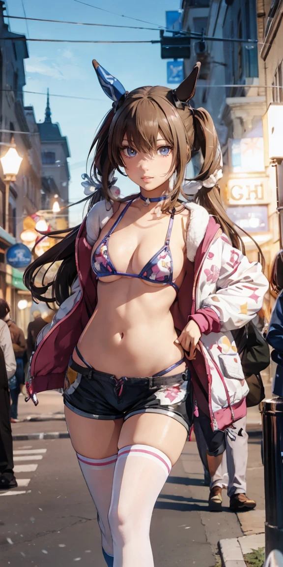 Browsing Caution,'(masterpiece, Highest quality, Very detailed, 8k wallpaper, Realistic), admire vega \(umamusume\), 1 person, Curvaceous yet slender body,Realistic eyes、Anime Face、So embarrassed I'm blushing、Lower boobs, Colorful printed micro bikini top　Nipple show, Fleece jacket, low leg shorts, Knee socks, Bangles, choker, Twin tails, Backpack, street, Street lamp, Late Night