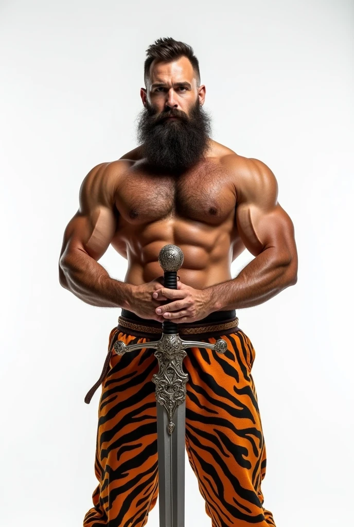 The background is pure white、A man with a crew cut, a beard like a bear, and chest hair like a bodybuilder, wearing nothing but tiger-print pants and wielding a sword.