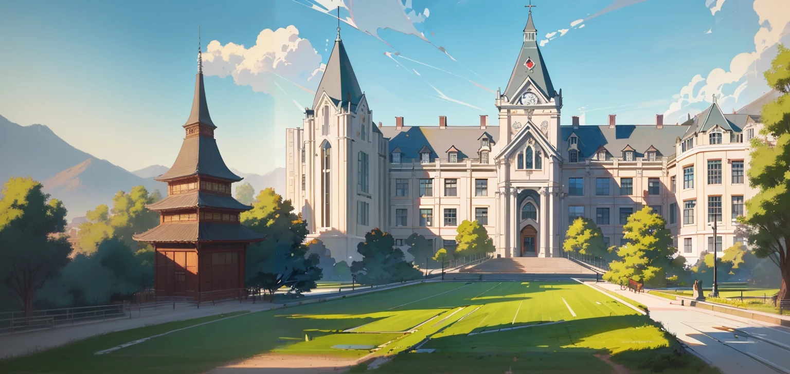 A large building,There is a bell tower at the top, The huge and majestic magic university, Anime Landscape Concept Art, Ross Chen. Landscape background, Anime Background Art, By Jang Seung-eop, High School Background, Authorjeonseok lee, Official artwork with high detail, Popular on artstation pixiv, Detailed 4k concept art, Concept art style, Japanese high schools