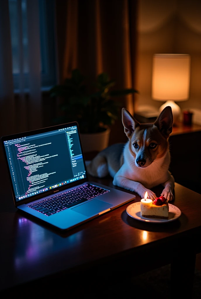 LET THE ROOM BE DARK, LET THERE BE A NICE LAPTOP ON THE TABLE IN FRONT OF ME, LET IT BE BEST  ( THERE IS A SOFTWARE CODED SCREEN ON THE COMPUTER SCREEN )  The computer's laptop keyboard lights should be the best way to be colorful. There should be a small slice of cheesecake next to the laptop and a lit candle on top of the cake. There should also be a dog sitting on my lap. 