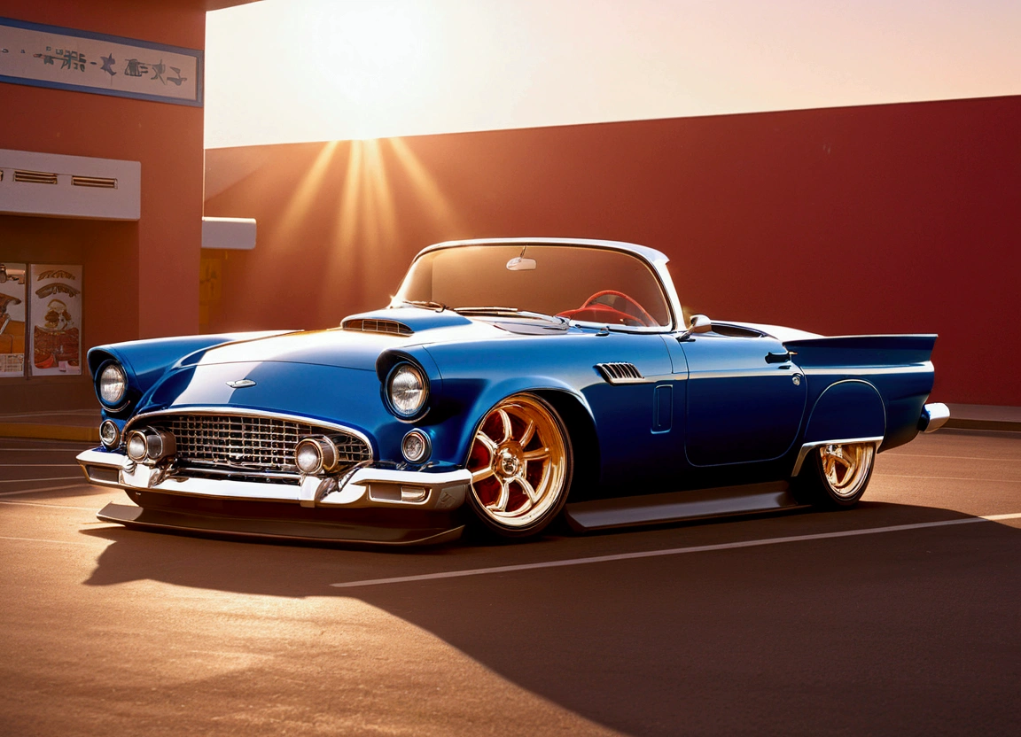 DIAGONAL and distant CAMERA, full picture of a 1957 ford thunderbird convertible hot rod, futuristic style, rounded corners, RED METALLIC mirrored reflective, RED mirrored METALLIC, EXTREMELY POLISHED AND MIRRORED PAINTING, PAINTING reflects bright sunlight, Hot rod style , film style stalone cobra, the painting reflects the sunlight, reflection of light shine on painting, has a THICK AND WIDE wheel in the color GOLD star, has GOLD star color wheel, thick and ridiculously wide and turned sports wheels, GOLDEN AND POLISHED WHEELS, It has gold wheels, ridiculously lowered front suspension, detailed grille with cross ornaments, car with extreme details, IN A PARKING LOT IN FRONT OF A GAS STATION STYLE with neon, image in diagonal pose, hyper-detailed image masterpiece, whole image, The sun shines brightly on the car's paint., There's a beautiful 18 year old girl leaning against the car. ultra detaild, realisitic
