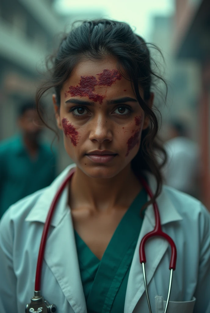 A lady doctor indian beaten brutly and shouting face front pose having scratch on her face and blood spot