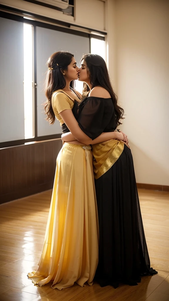 A 25 year old man hugging and kissing A 25 year old beautiful South Indian plus sized golden colour chiffon under skirt and black colour chiffon blouse wearing women in class room, full body image, photo taken from distance