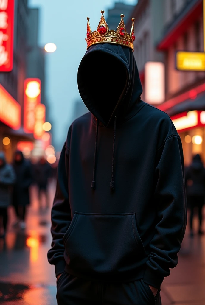 Black hoodie and black pants and a golden crown with red rubi and black shoes