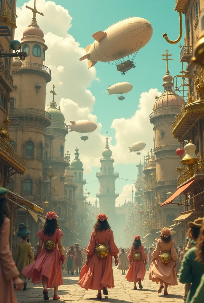 steampunk humans, surreal feeling, pastel colors