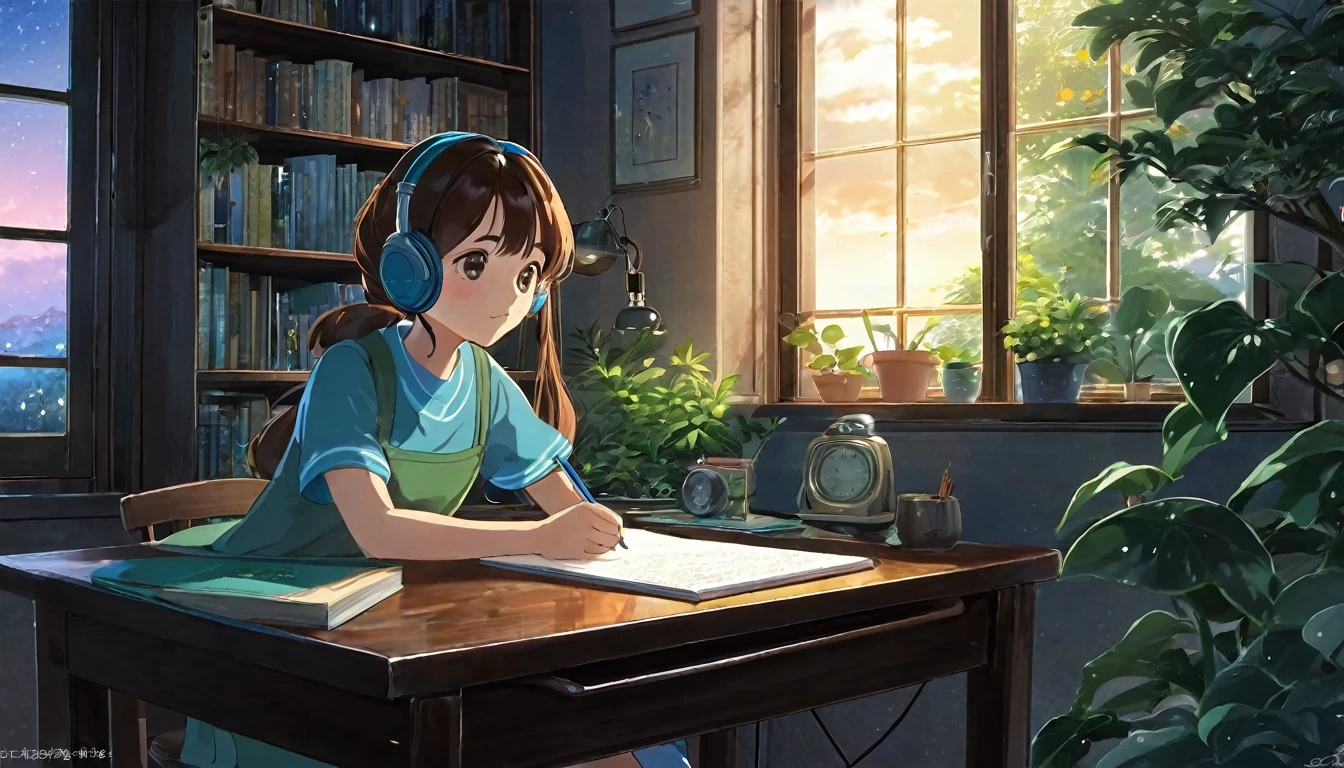 You are a talented graphic designer.。Draw a scene of a cute girl with big, beautiful eyes studying in her room with headphones on,、focusing intently on textbooks and notes at her desk.。The room is adorned with wooden furniture and warm lighting.、Plants and books create a gentle atmosphere.。Her expression is calm,、There is a quiet and calm atmosphere。Use a soft color palette and gentle line art inspired by Ghibli films.、Depict her engrossed in her studies in a way that feels warm and inviting, bathed in natural light.。In the background there is a window at night、The starry sky and the quietness of the outdoors extend.、The entire scene depicts a tranquil space that brings peace.。2D Animation、It brings tranquility to the viewer.、Beautiful sunset and warm room lighting、conveying a sense of peace and focus.。