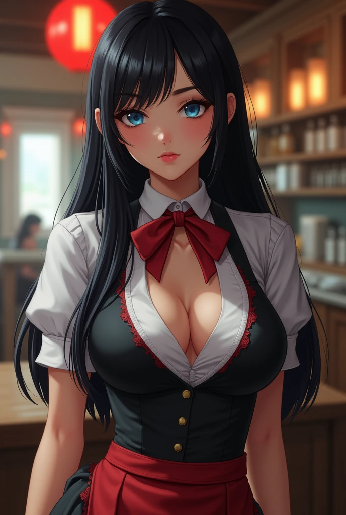 NSFW Long hair girl, black in color, blue colored eyes. with huge breasts, slim with hips and ass, no belly. dressed as a waitress, realist
