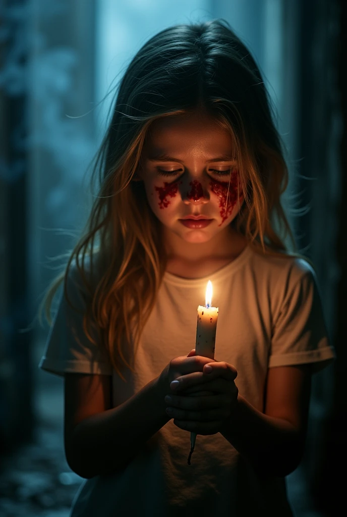 girl's soul , dark theme, holding candle, face and hands, front view, terrifying, large cuts and bruses on face, bleeding eyes